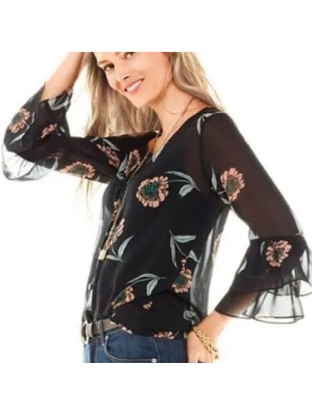 CAbi "La Di Da" Black Floral Sheer Blouse L